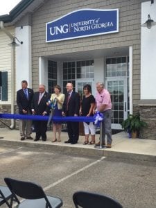 State Senator Steve Gooch, Speaker David Ralston, UNG President Bonita C. Jacobs, Chancellor Hank Huckaby, Mayor Donna Whitener, and Commissioner Bill Simonds cut the ribbon