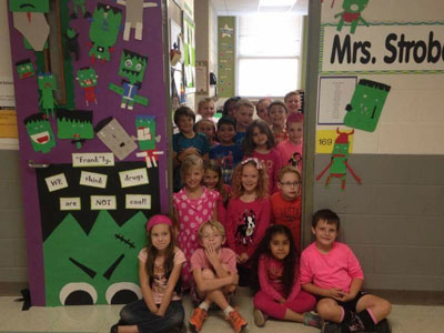 Mrs. Strobel’s second grade class wearing pink. They also decorated their door in support of Red Ribbon Week and were all treated to an ice cream party for their hard work.