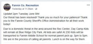 Fannin County, Cherokee County, Georgia, Recreation Department, City of Woodstock, Woodstock Police Department, Fannin County Sheriff's Office, Cherokee County Sheriff's Office, SWAT, Tactical Team, Kenneth Bethea, Satin Blakely, Domestic Threat, Day Camp, Warrants, Charges